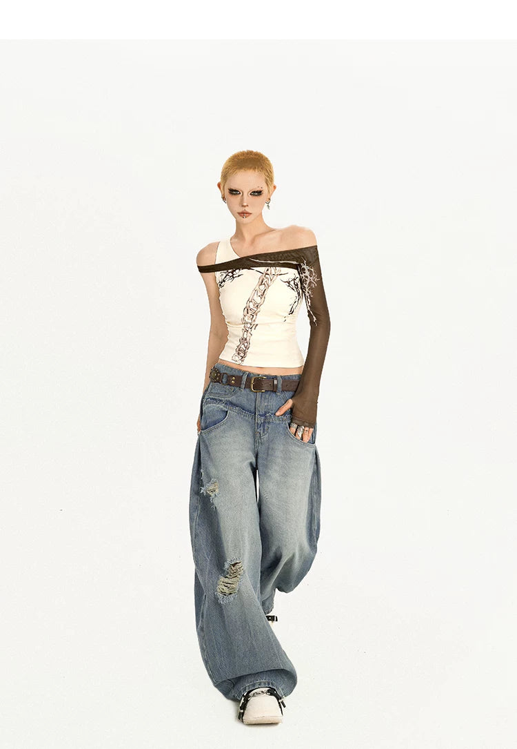 Damage Embroidery Wash Wide Leg Denim Jeans