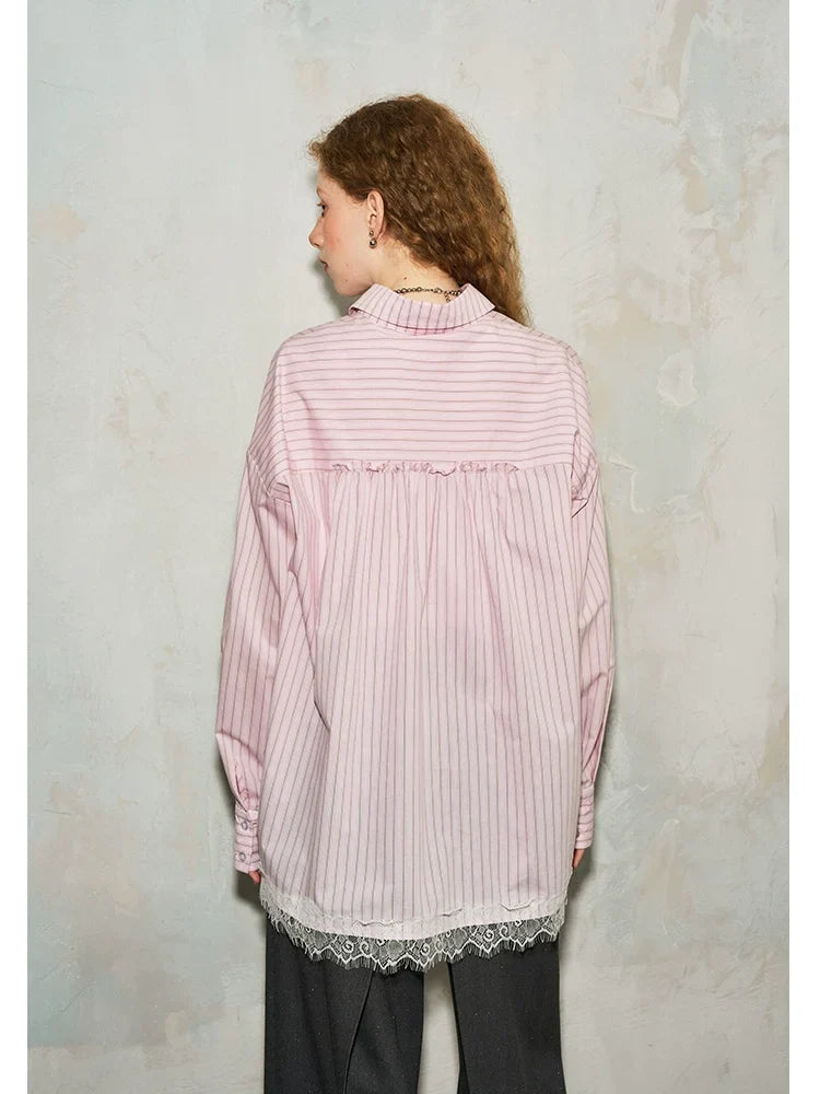 Stripe Lace Hollow Bow Long Sleeve Shirt