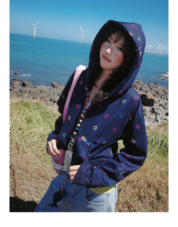 Star Print Fleece Zipper Hoodie
