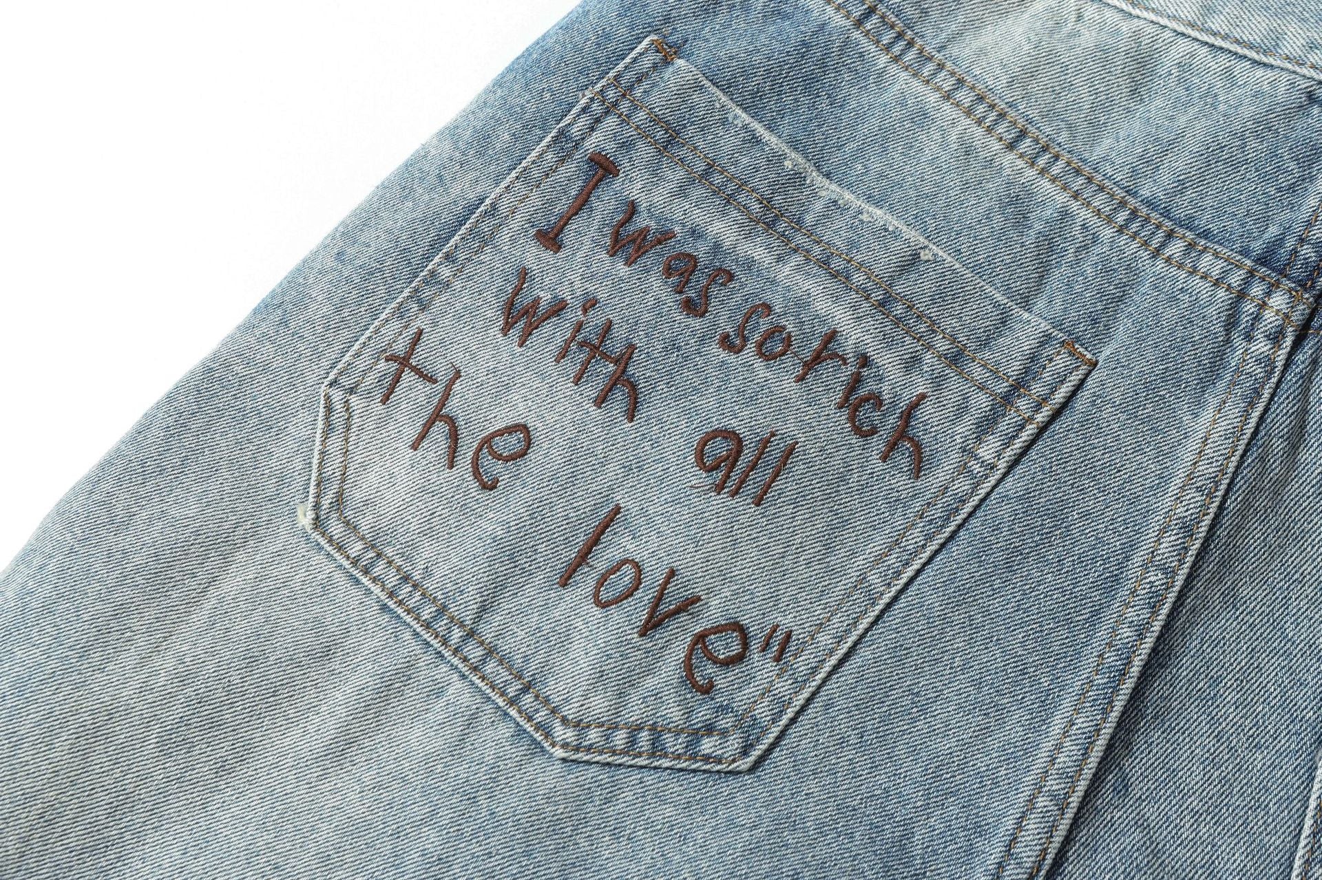 Washed Whisker Damage Wide Leg Denim Jeans