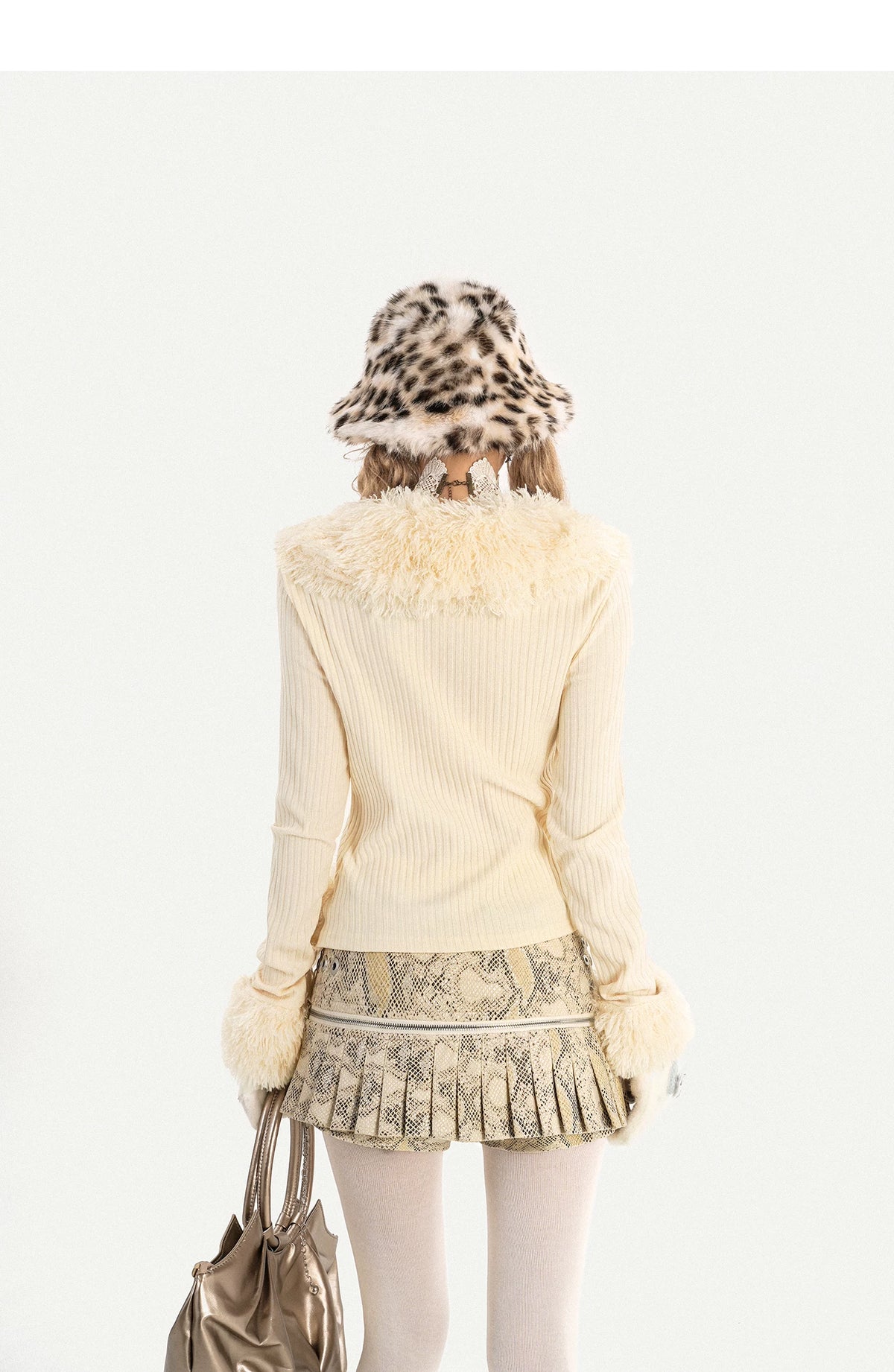 Fur Collar Fitted Long Sleeve Knit Cardigan