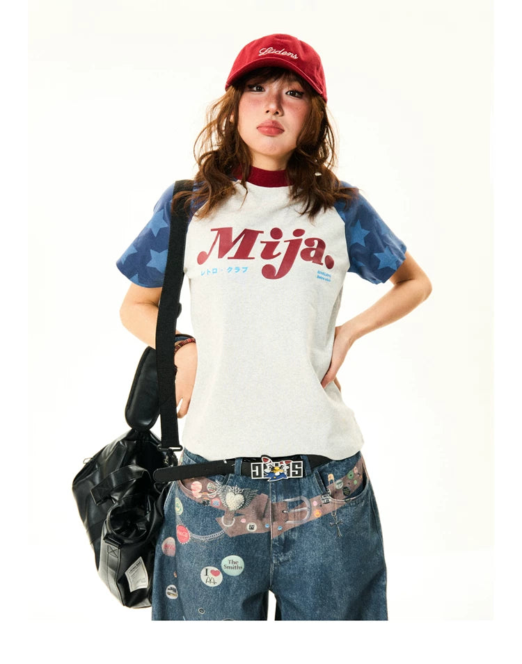 Raglan Sleeve Letter Print Fitted Short Sleeve T-Shirt