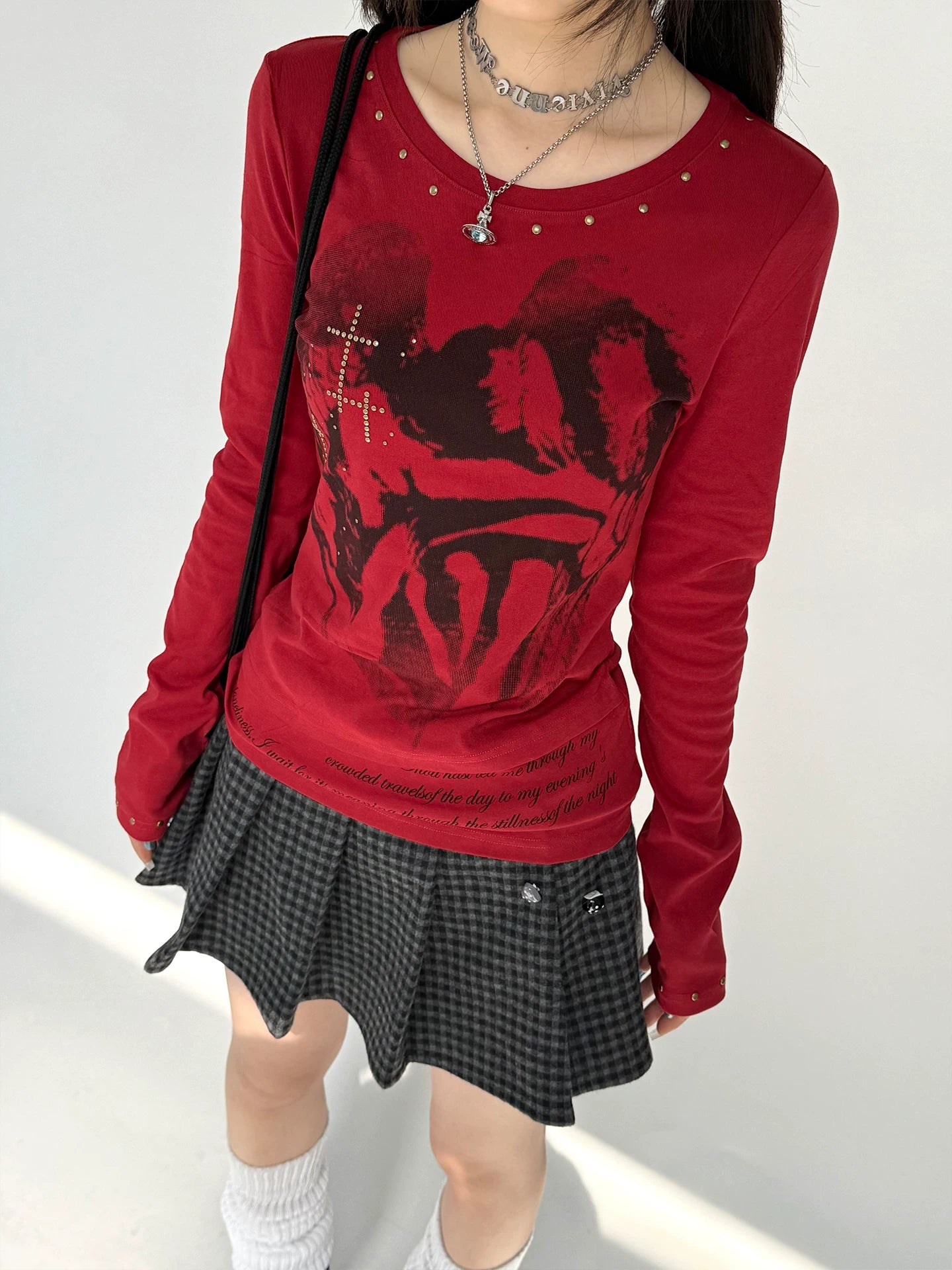 Cross Print Rivet Long Sleeve T-Shirt