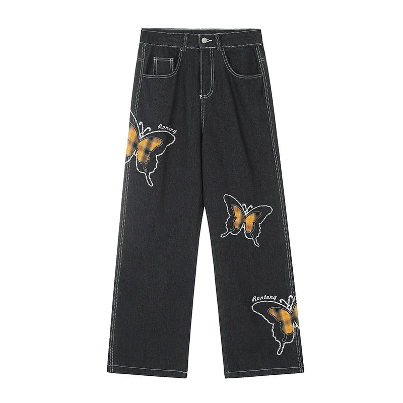Jean droit en denim avec broderie papillon