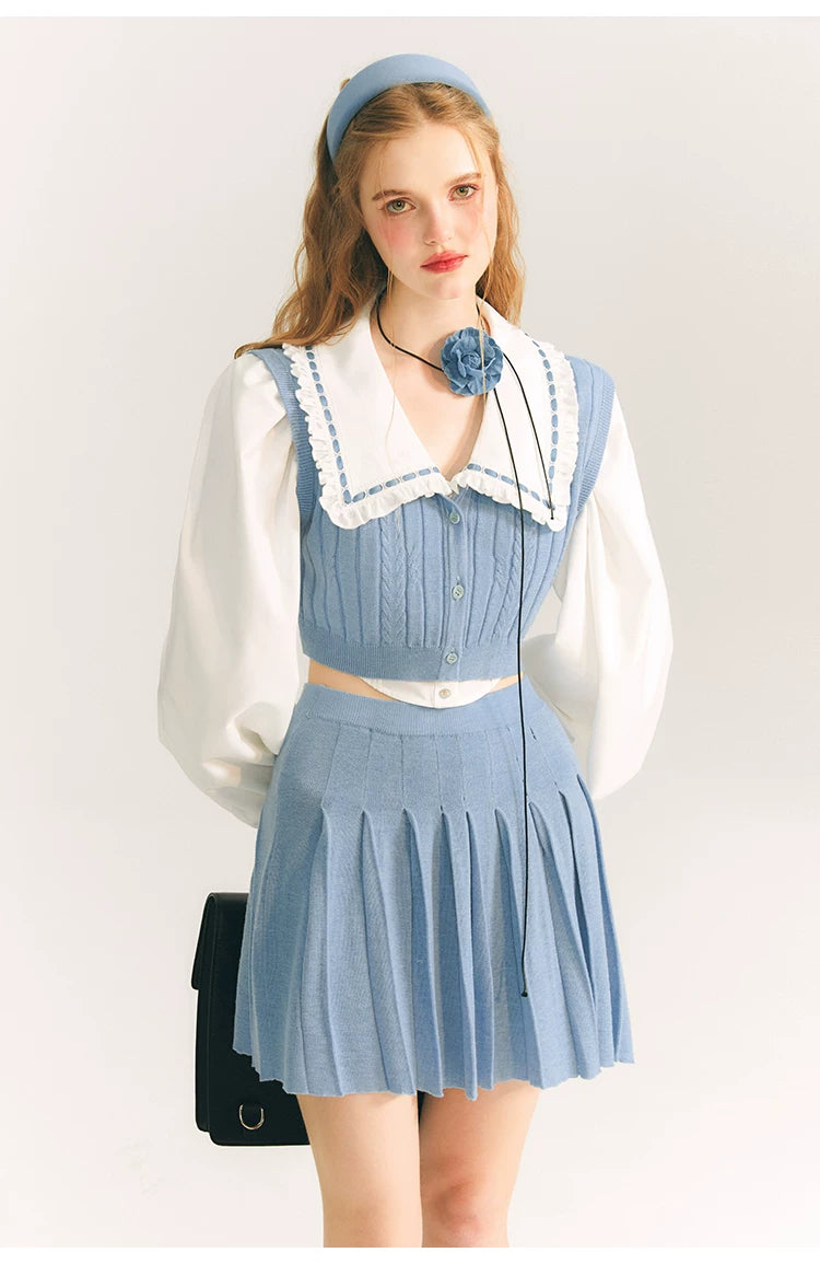Button Knit Vest & Knit Pleated Skirt Setup