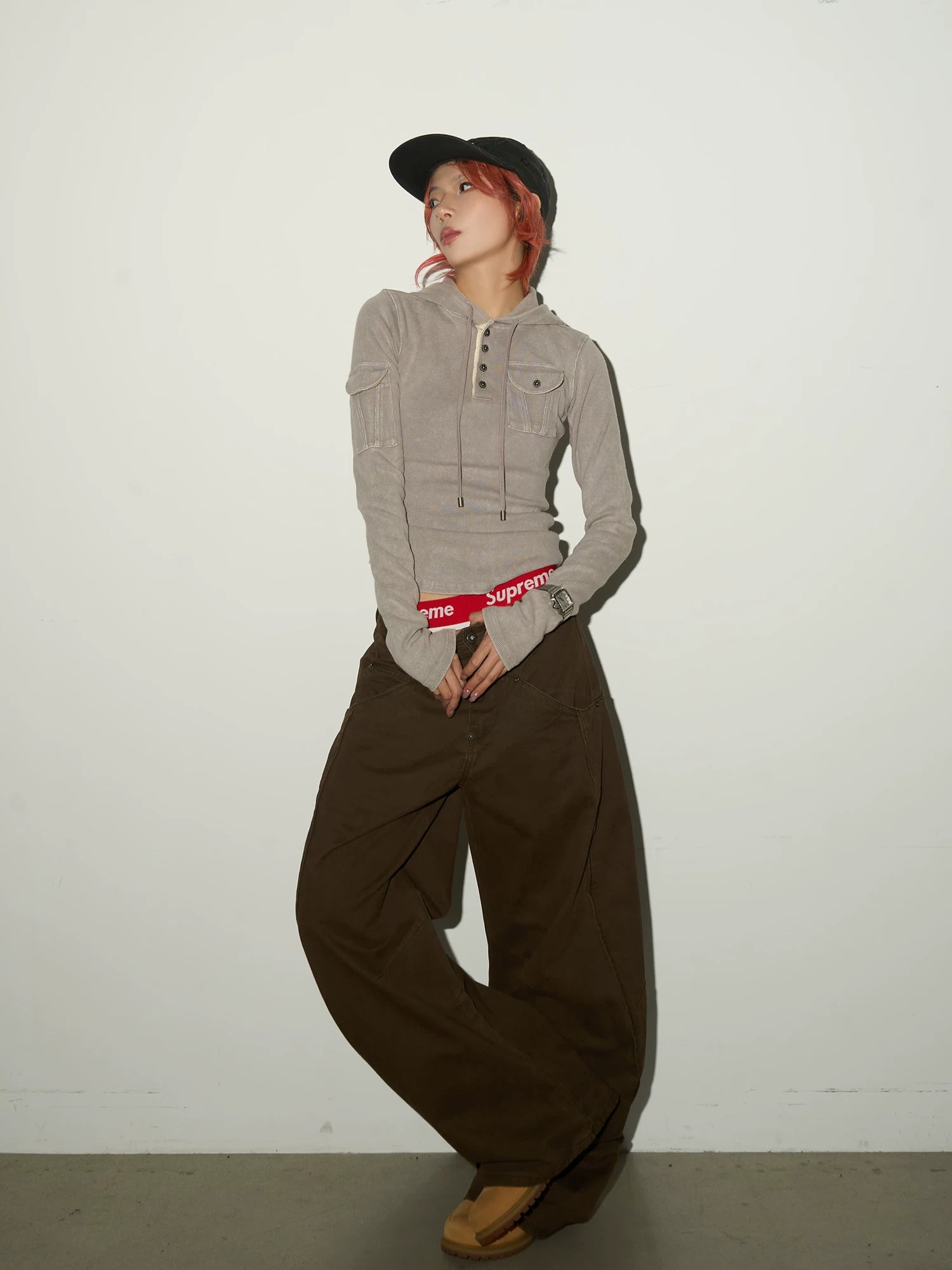 Ribbed Henley Fitted Hooded Long Sleeve T-Shirt