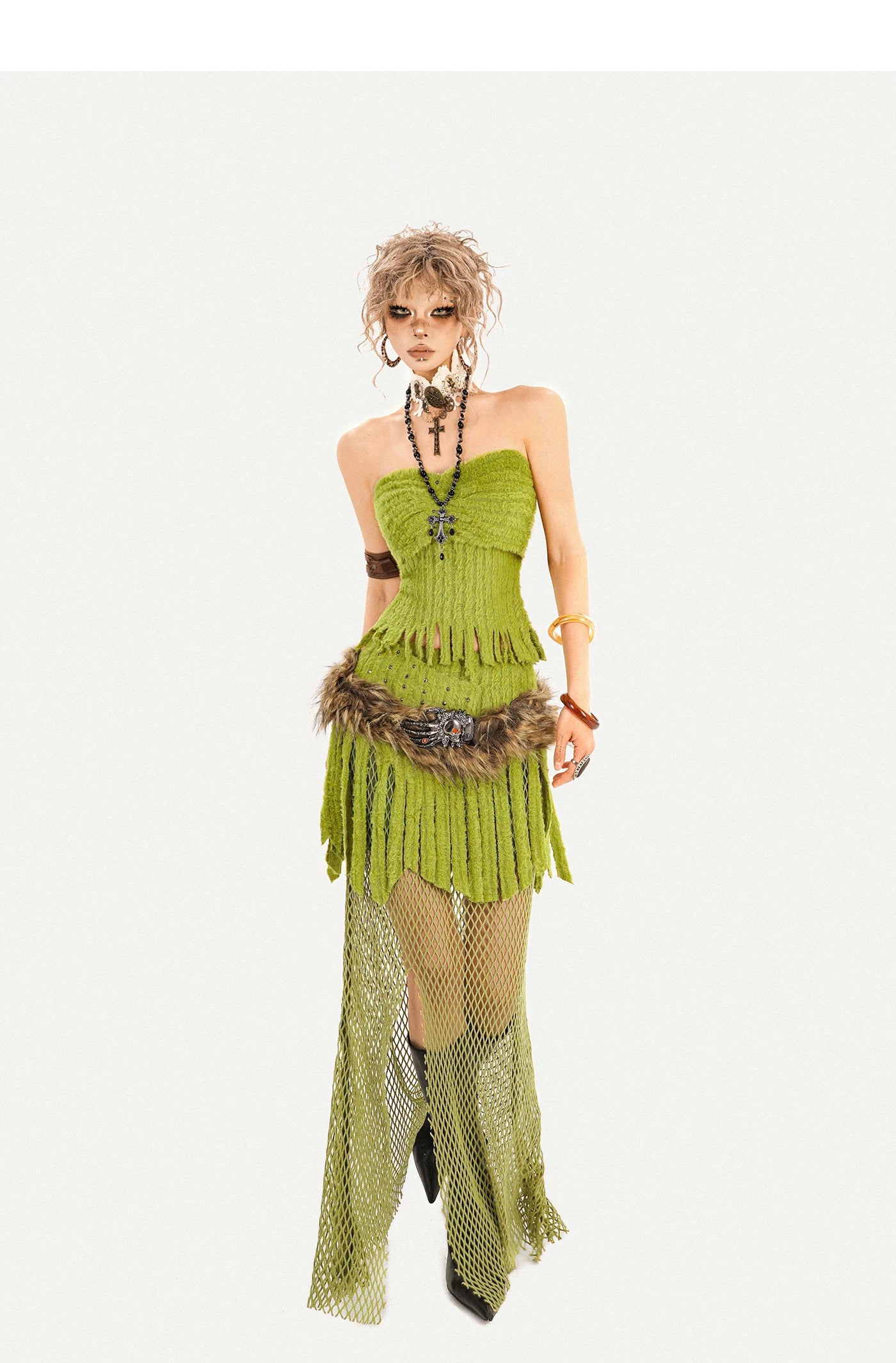 Fake Fur Patchwork Mesh Knit Cardigan & Tube Top & Mesh Long Skirt Setup