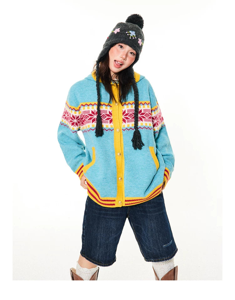 Contrast Pattern Hooded Knit Cardigan