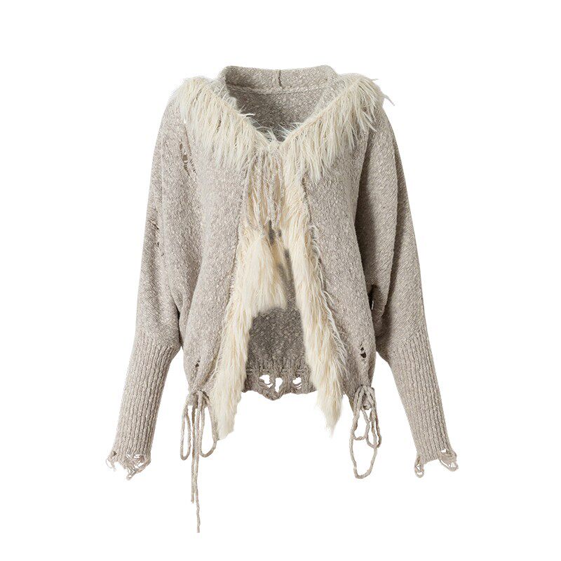 Fake Fur Trim Drawstring Oversize Knit Cardigan