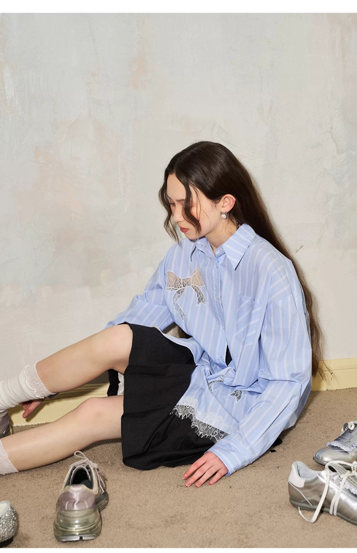 Stripe Lace Hollow Bow Long Sleeve Shirt