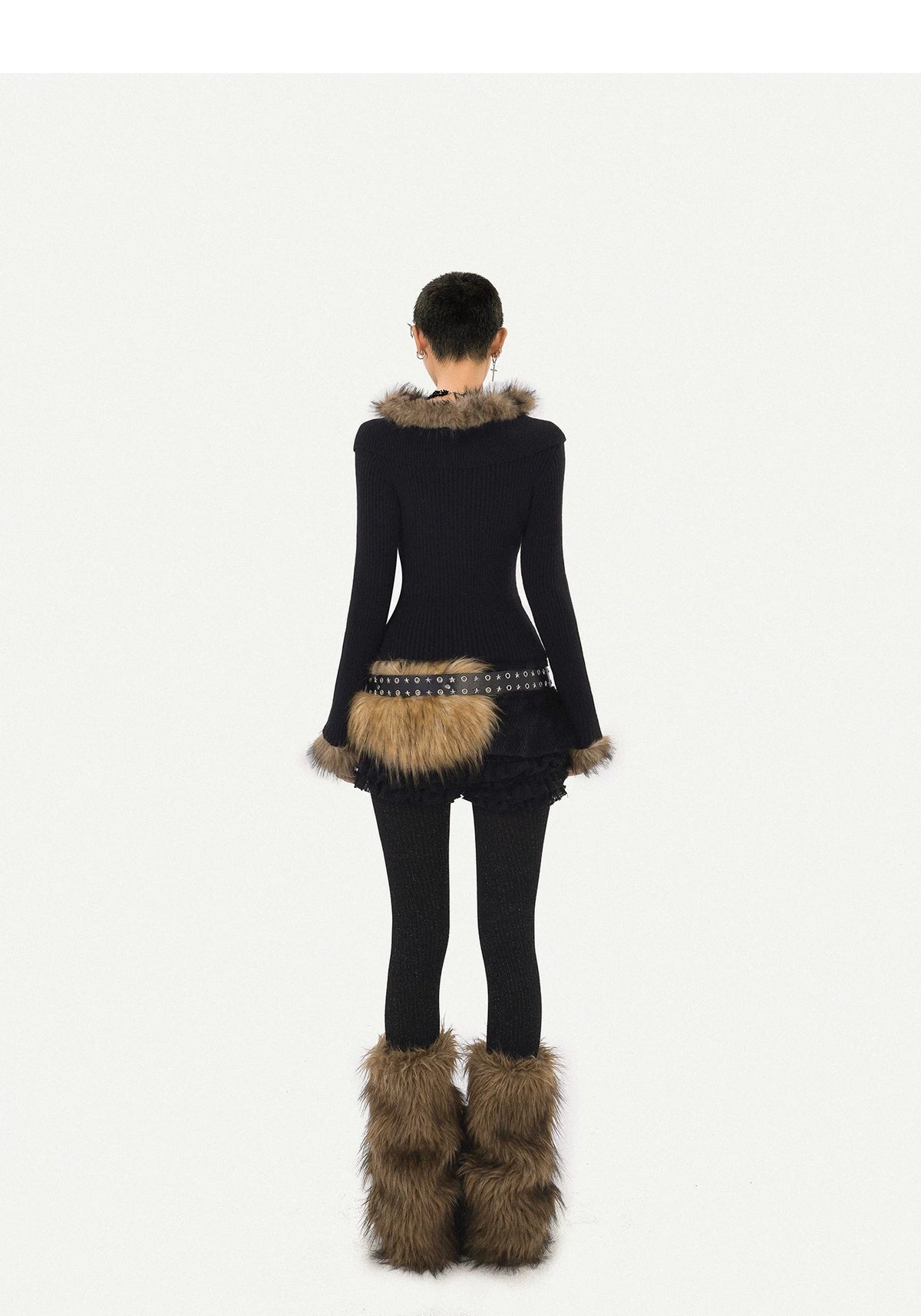 Fur Collar Fitted Knit Sweater