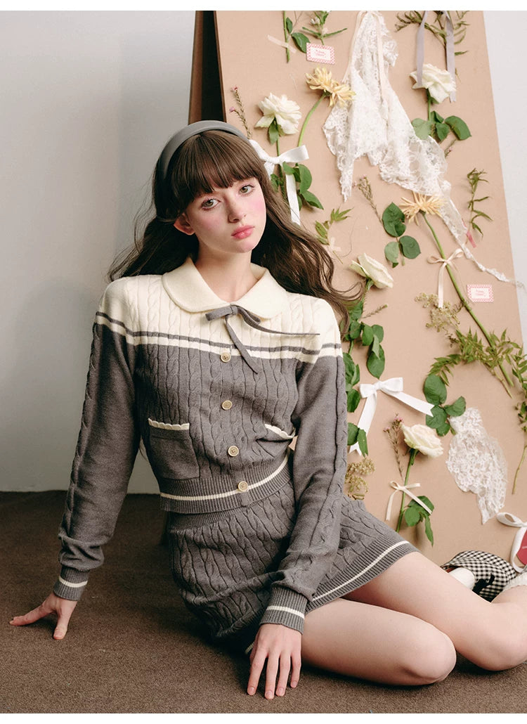 Bow Round Collar Knit Cardigan & Knit Short Skirt Setup