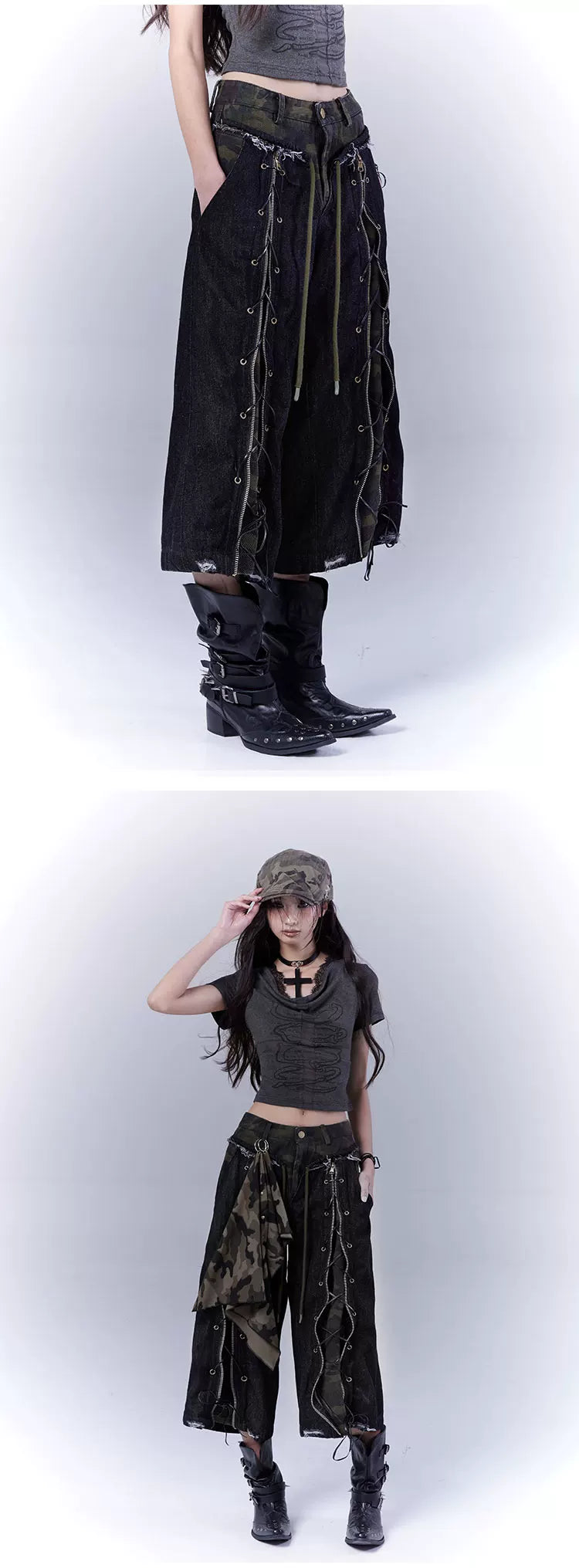 Camouflage Lace-Up Damage Cropped Denim Jeans & Scarf Set