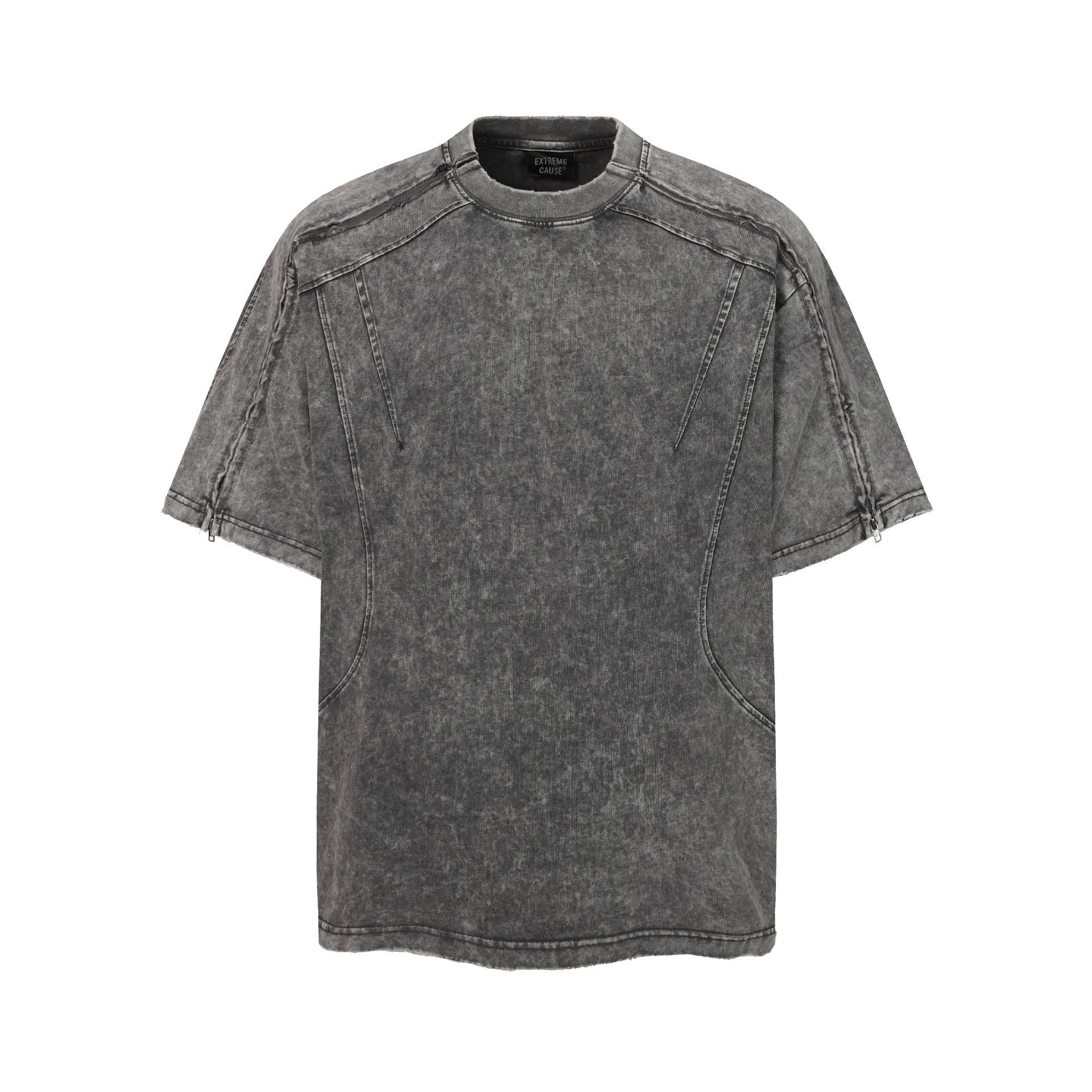Washed Panel Design Zipper Detail Short Sleeve T-Shirt