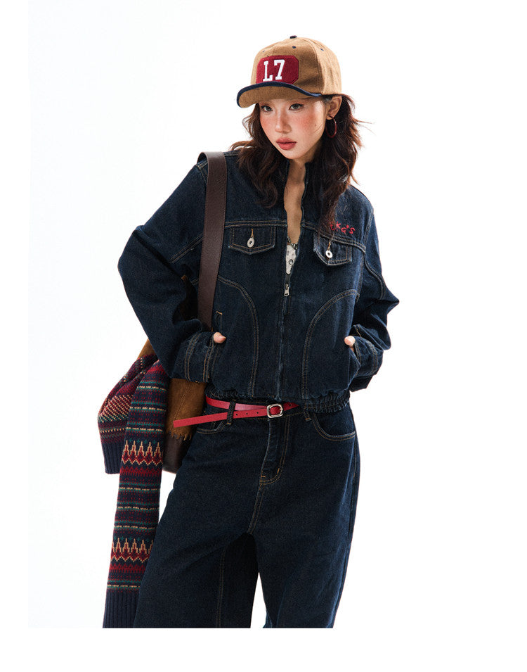 Embroidered Cropped Denim Jacket & Wide-Leg Denim Jeans Setup