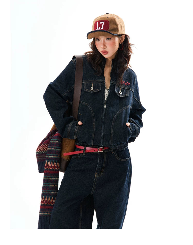 Embroidered Cropped Denim Jacket & Wide-Leg Denim Jeans Setup