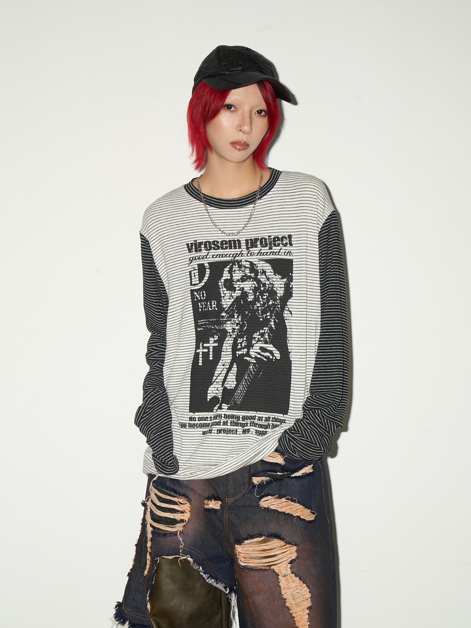 Stripe Graphic Print Layered Long Sleeve T-Shirt