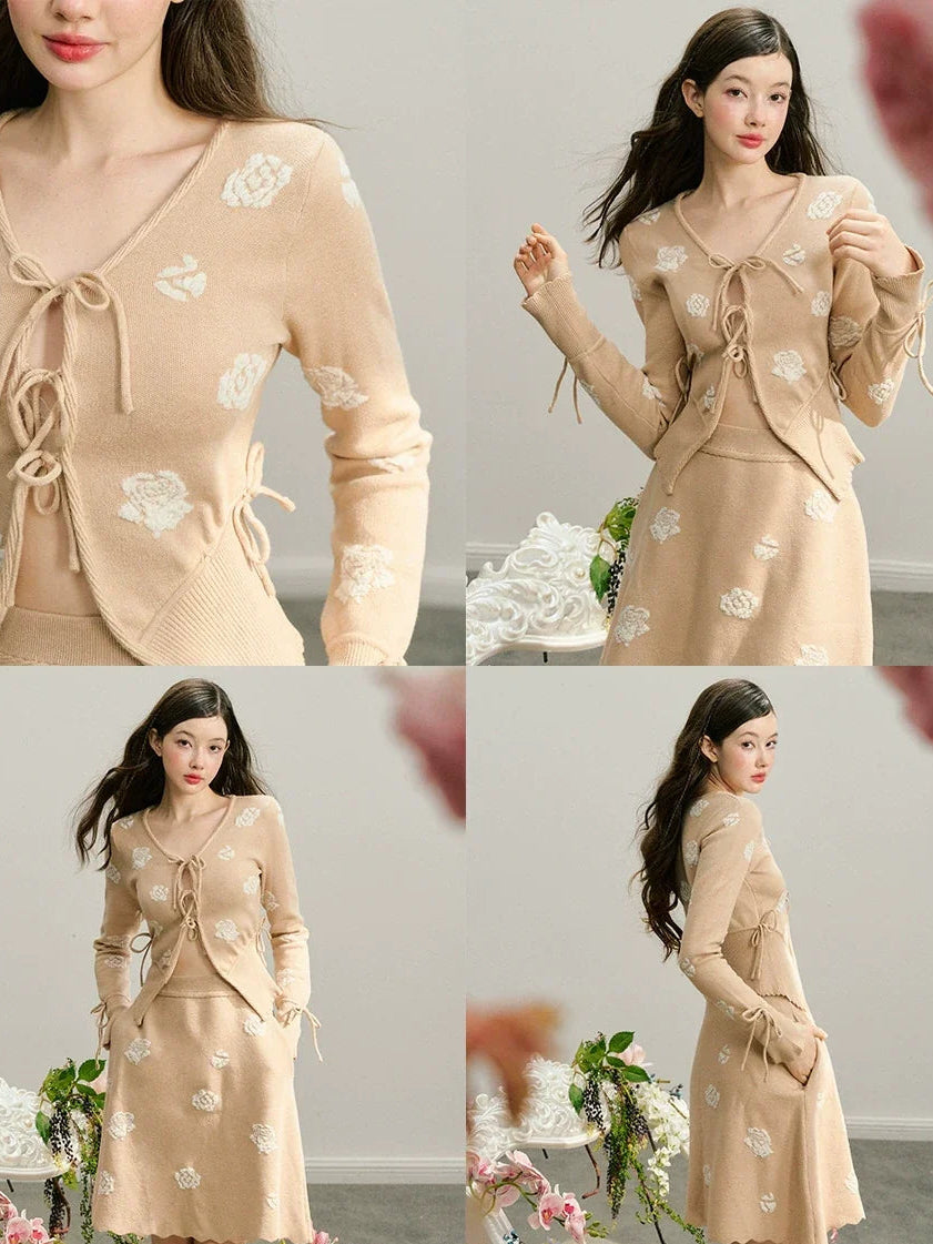 Rose Design Knit Cardigan & Knit Short Skirt Setup