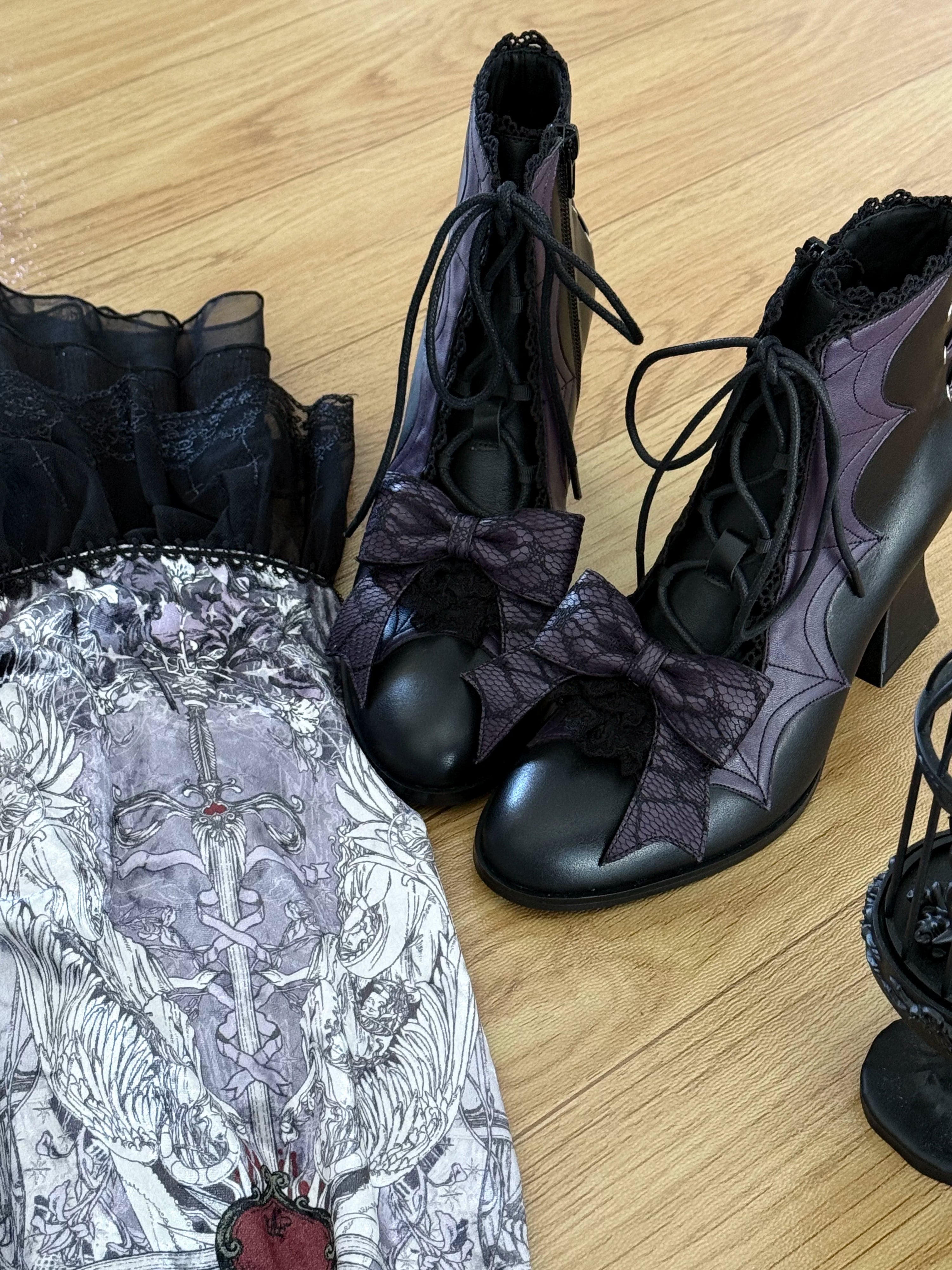 Lace Bow Purple Spider Web Ankle Boots