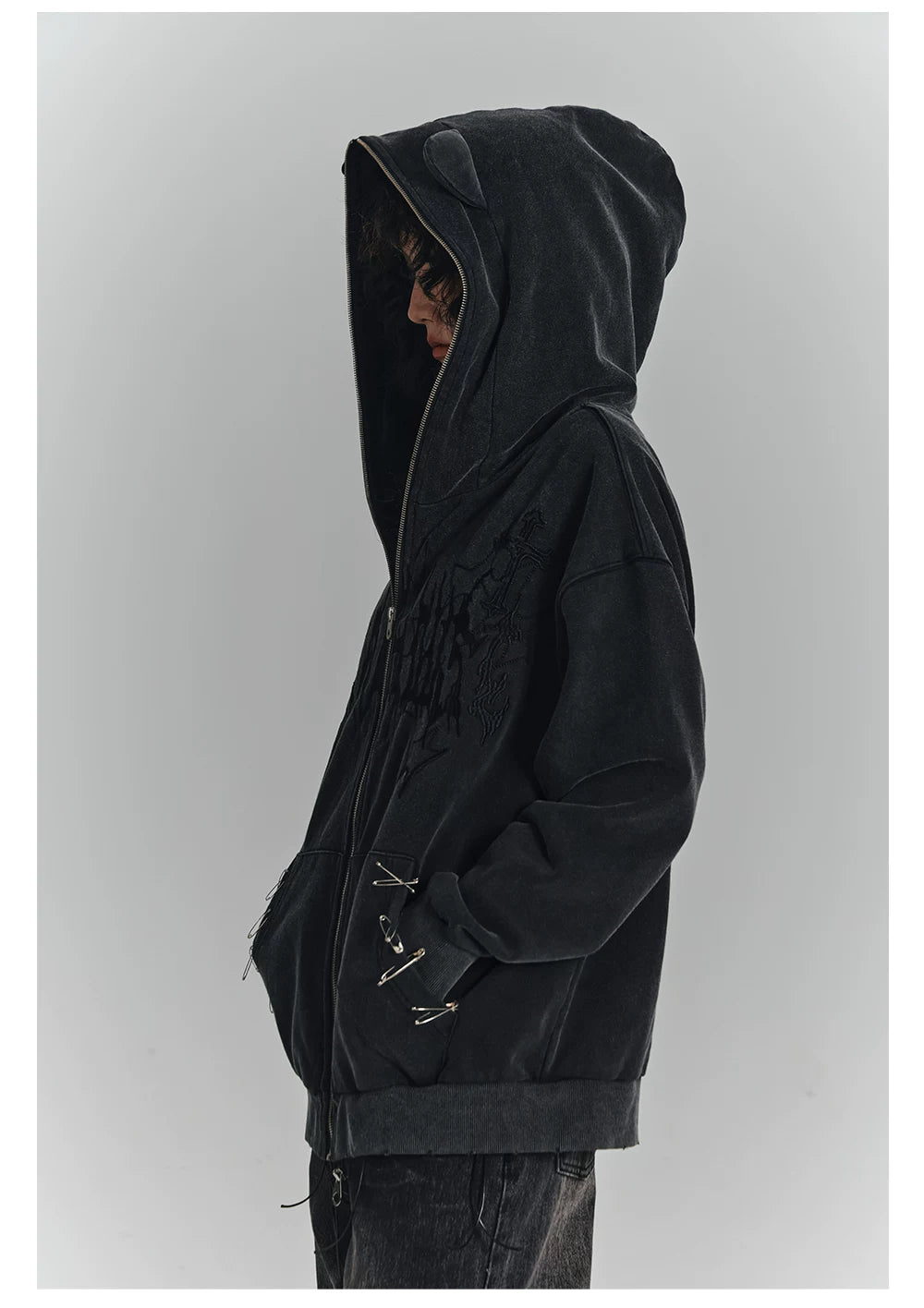 Cat Ear Safety Pin Oversize Zipper Hoodie