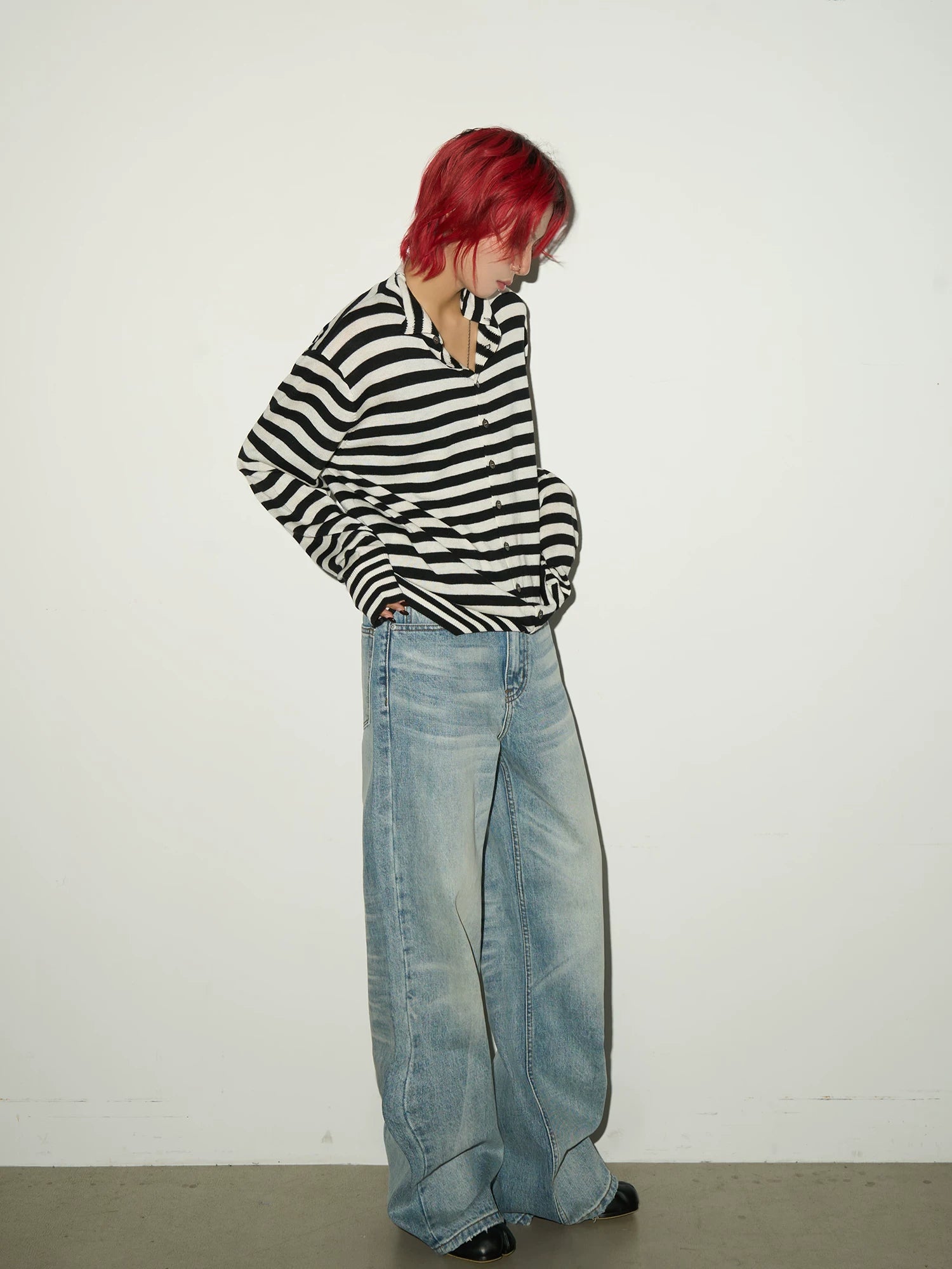 Contrast Stripe Wool Knit High-Neck Cardigan
