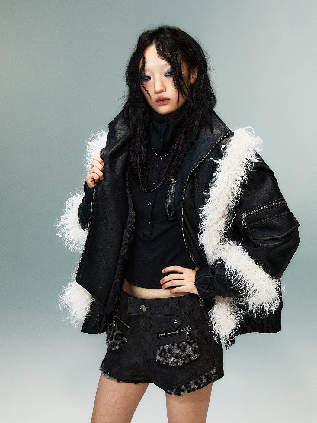 Fake Layered Washed Thickened PU Leather Padded Short Jacket