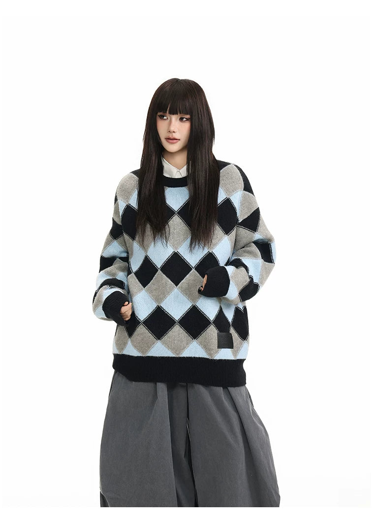 Heavyweight Diamond Pattern Oversize Hooded Knit Cardigan & Knit Sweater