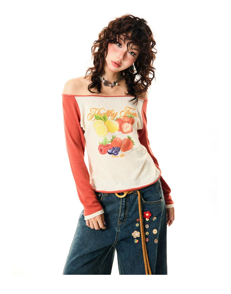 Fruit Graphic Print Off-Shoulder Fitted Long Sleeve T-Shirt