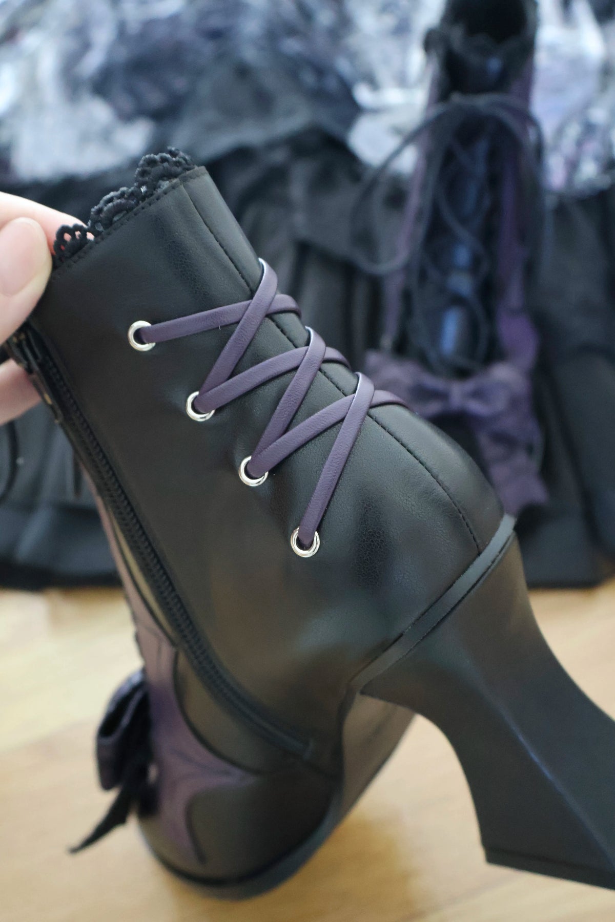 Lace Bow Purple Spider Web Ankle Boots