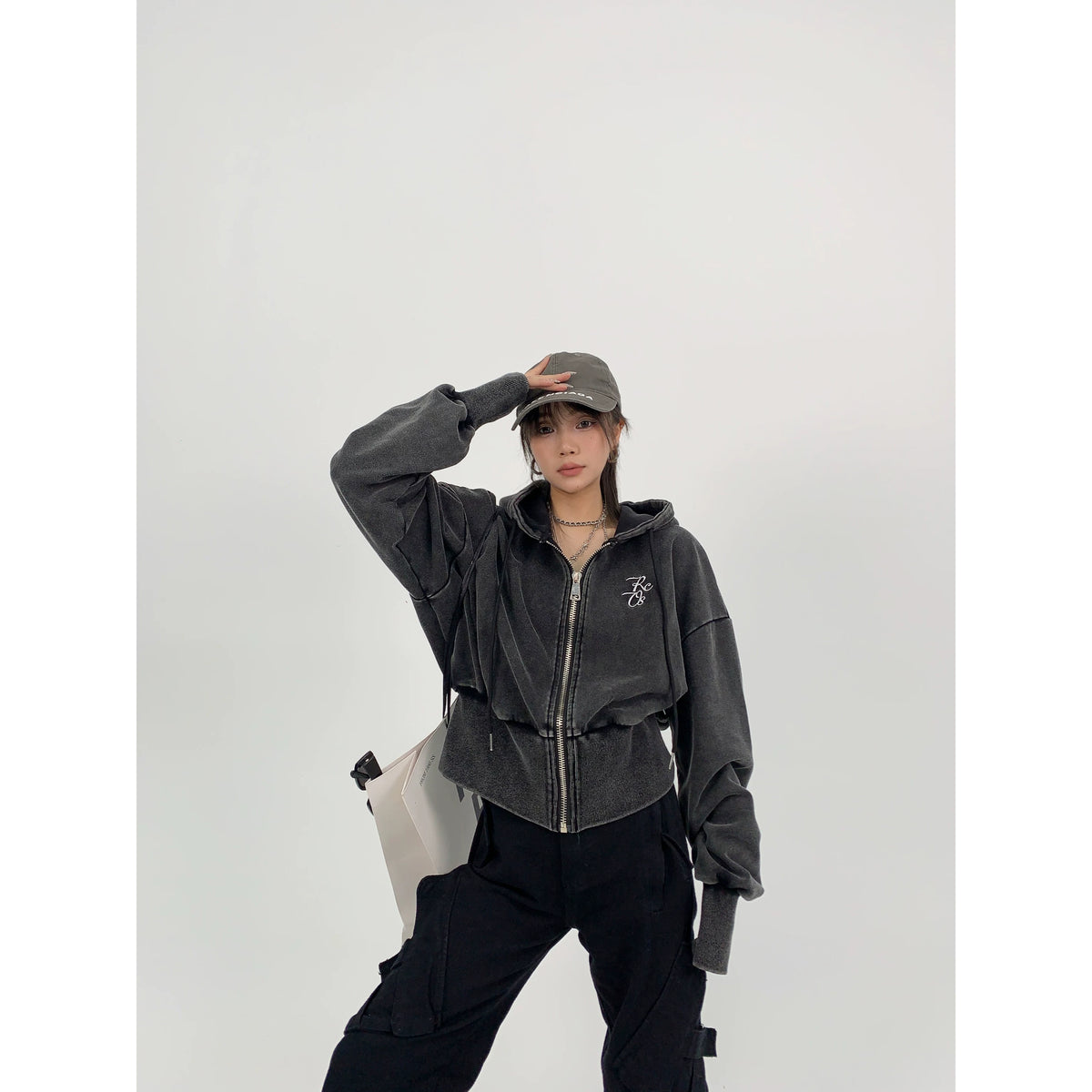 Logo Embroidery Zipper Short Hoodie