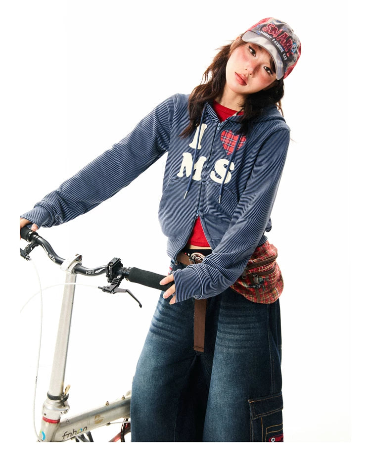 Heart Letter Print Stripe Cropped Zipper Hoodie