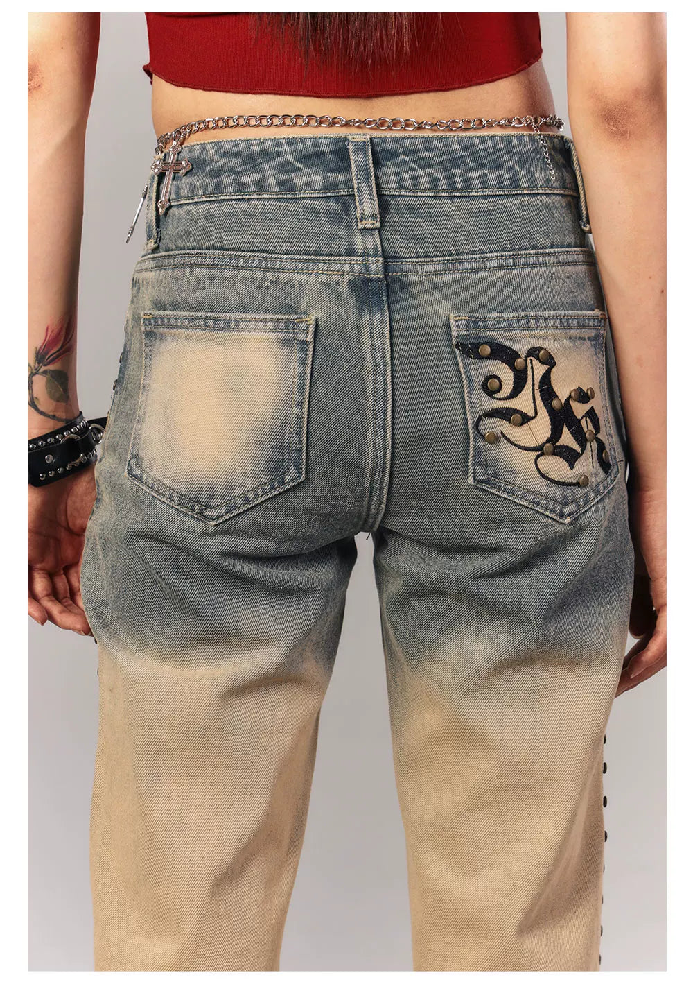 Washed Gradient Studs Detail Flare Denim Jeans