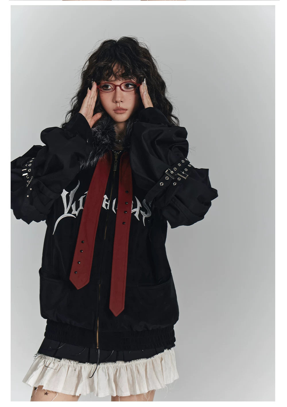 Embroidery Fur Collar Oversize Zipper Jacket