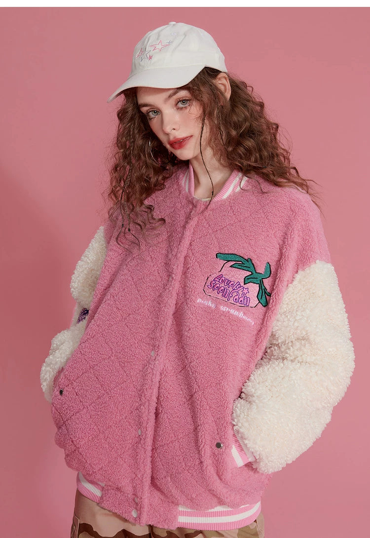 Colorblock Embroidery Fleece-Lined Baseball Jacket