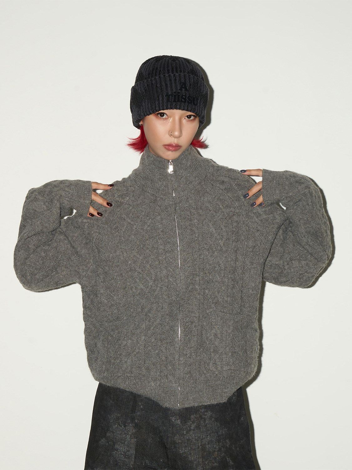 Cable Knit Stand Neck Zipper Knit Cardigan