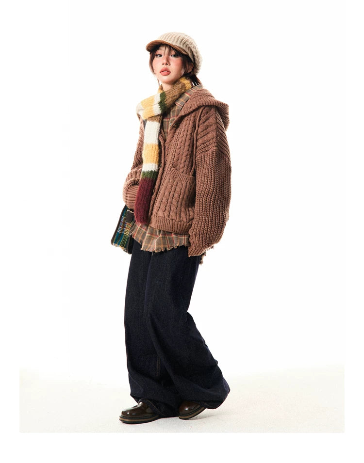 Hooded Button Oversize Cable Knit Cardigan