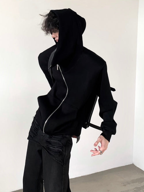Diagonaler Reißverschluss-Hoodie - Schwarz / M