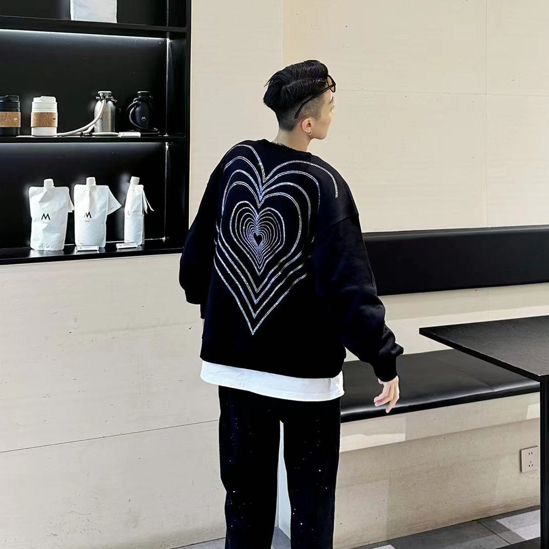 Rhinestone Heart Oversize Long Sleeve Sweatshirt