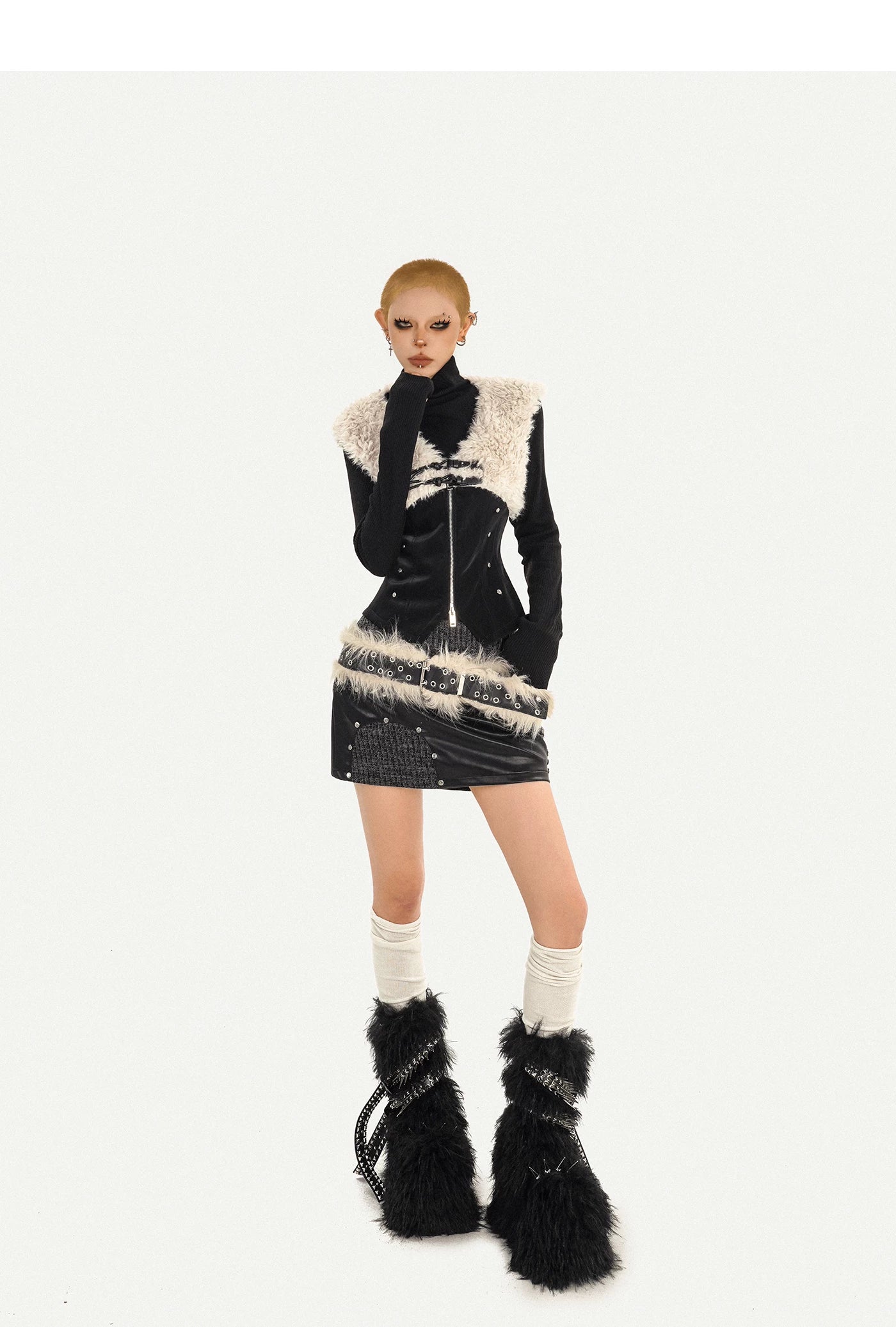 Fake Fur Patchwork V-Neck Slim PU Leather Vest & Ribbed High-Neck Knit Sweater