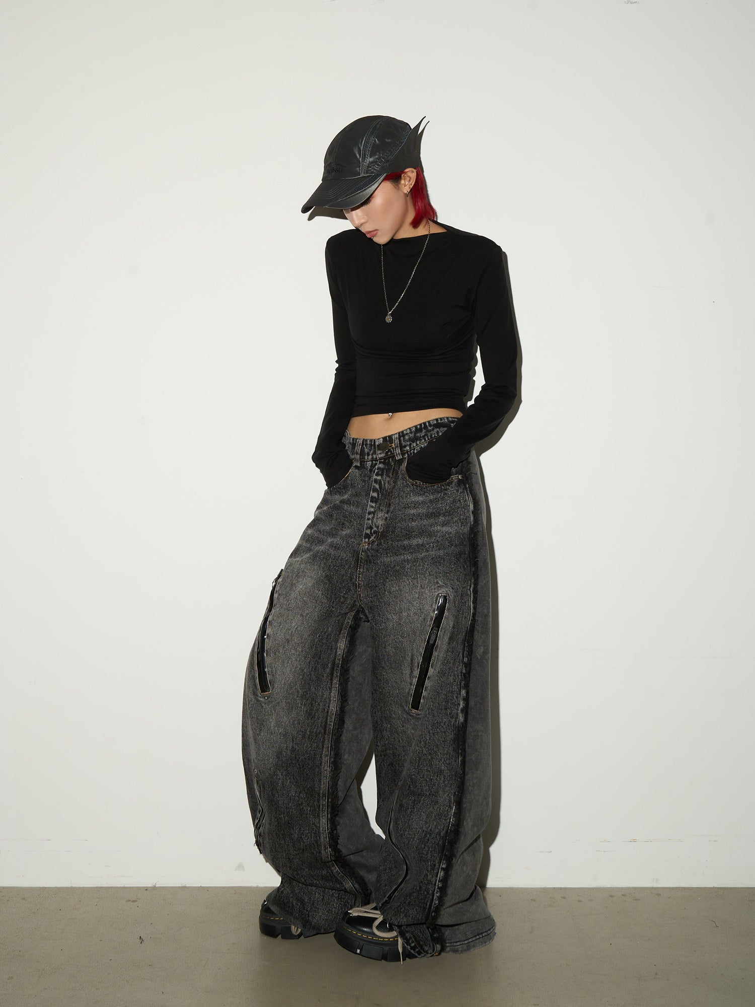 Washed Fray Zipper Detail Wide Leg Denim Jeans