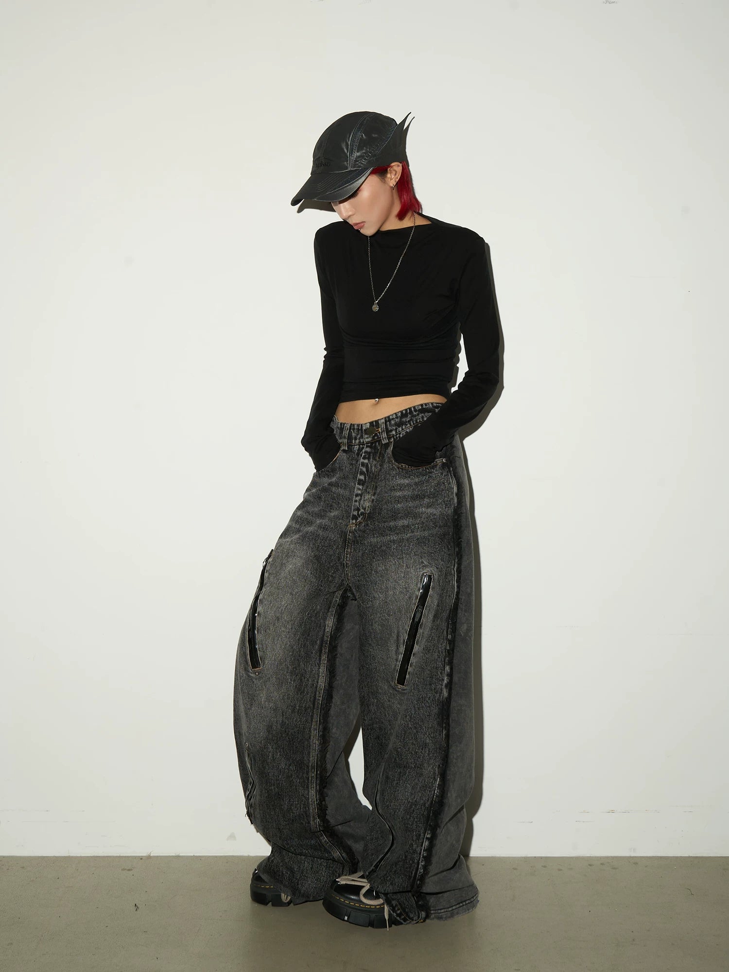 Washed Fray Zipper Detail Wide Leg Denim Jeans