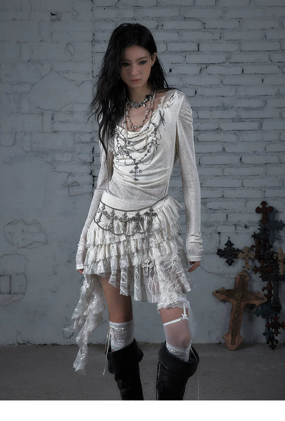 Lace Hooded Asymmetric Ruffle Dress