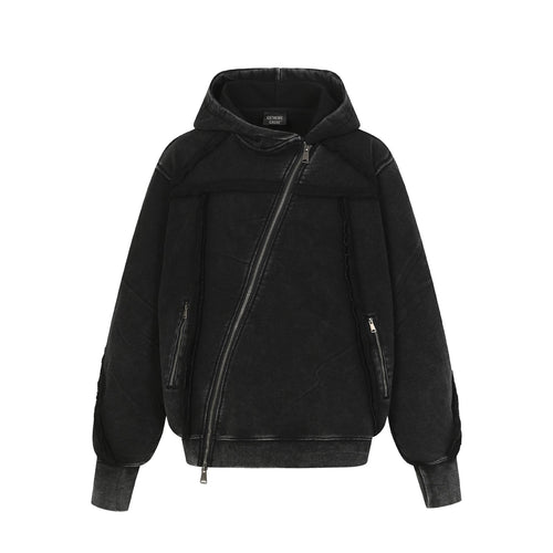 Washed Asymmetrical Zipper Detail Hoodie - Black / S