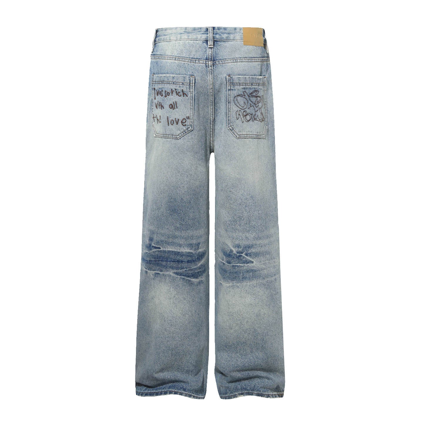 Washed Whisker Damage Wide Leg Denim Jeans
