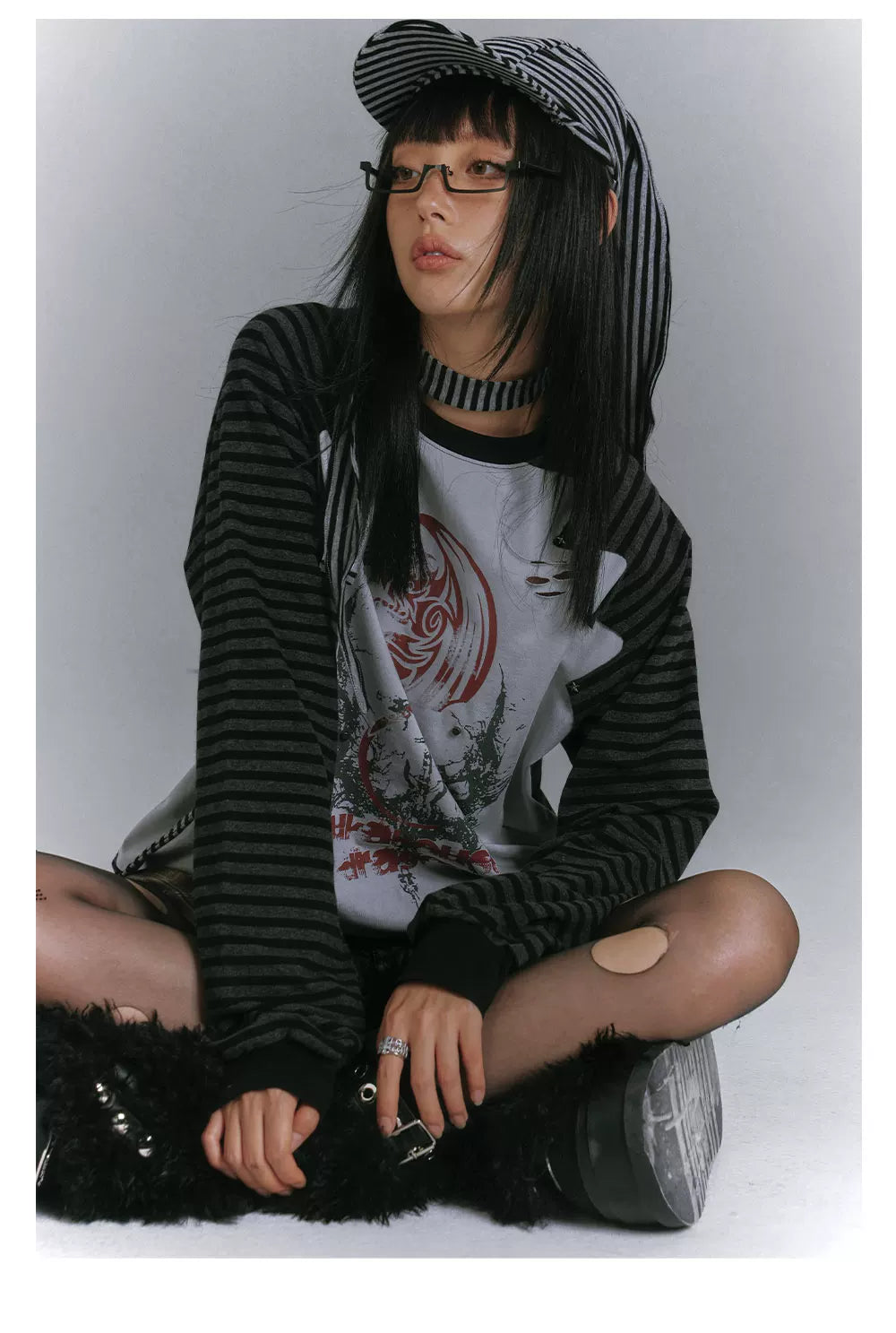 Raglan Stripe Damage Patchwork Long Sleeve T-Shirt