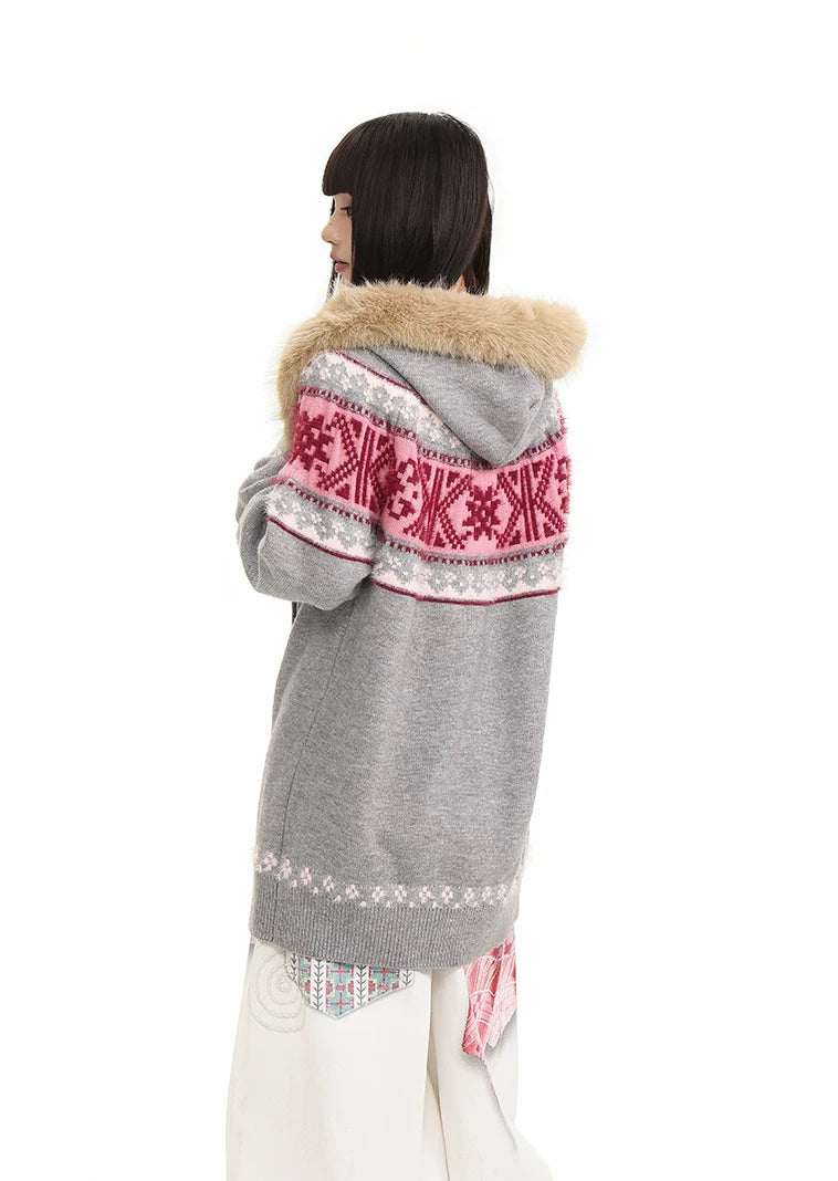Fur Collar Fair Isle Hooded Knit Cardigan