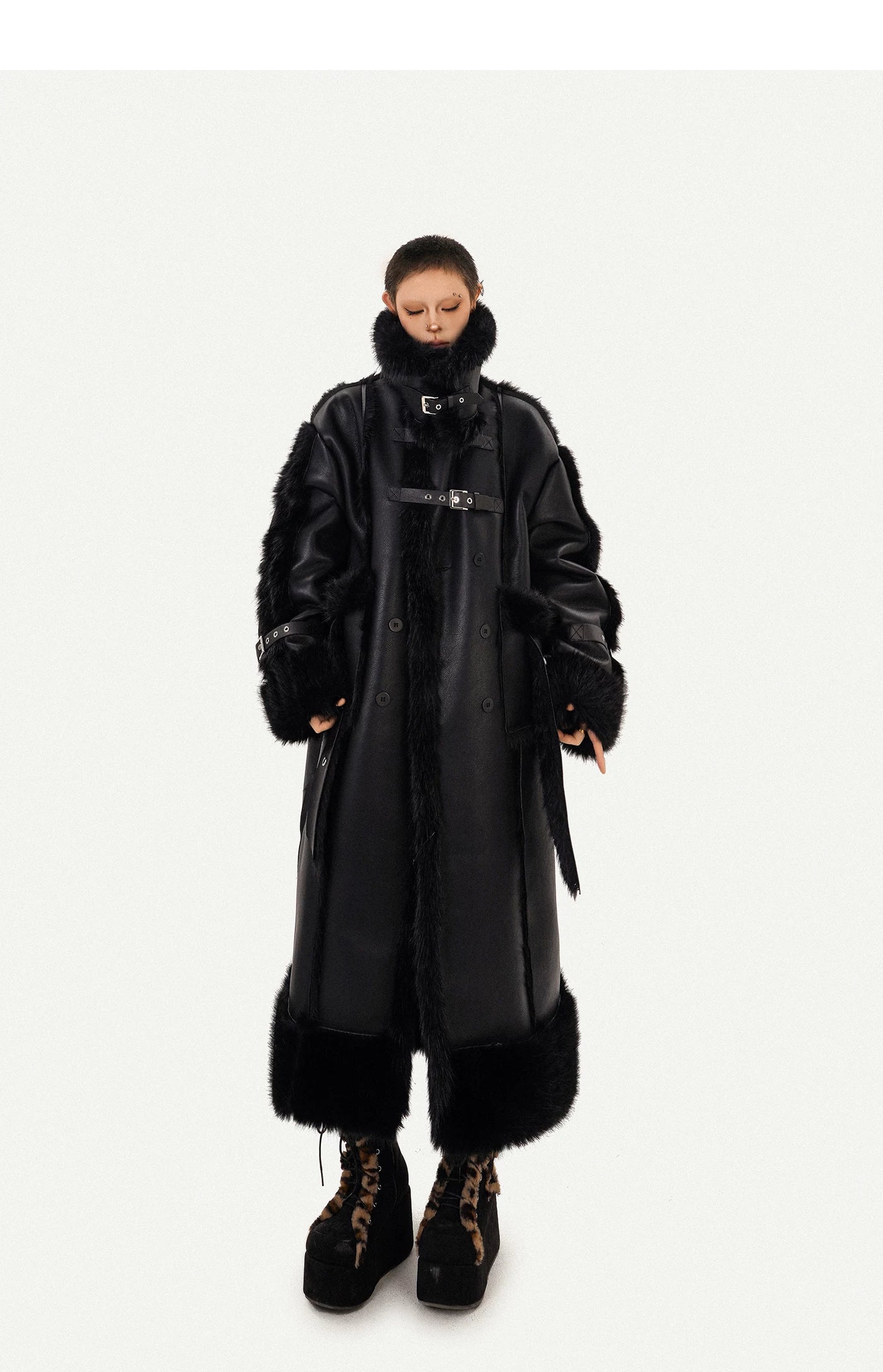 PU Leather Fake Fur Stand Neck Coat