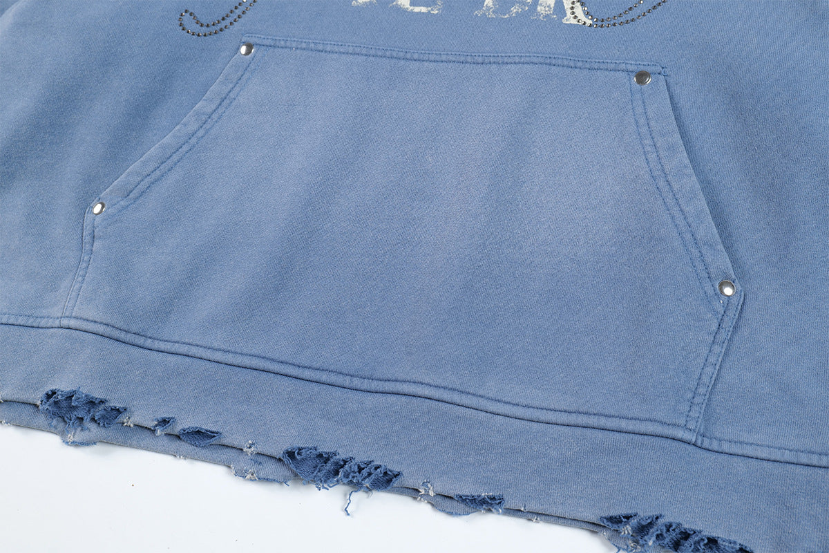 Washed Letter Rhinestone Design Damage Hoodie