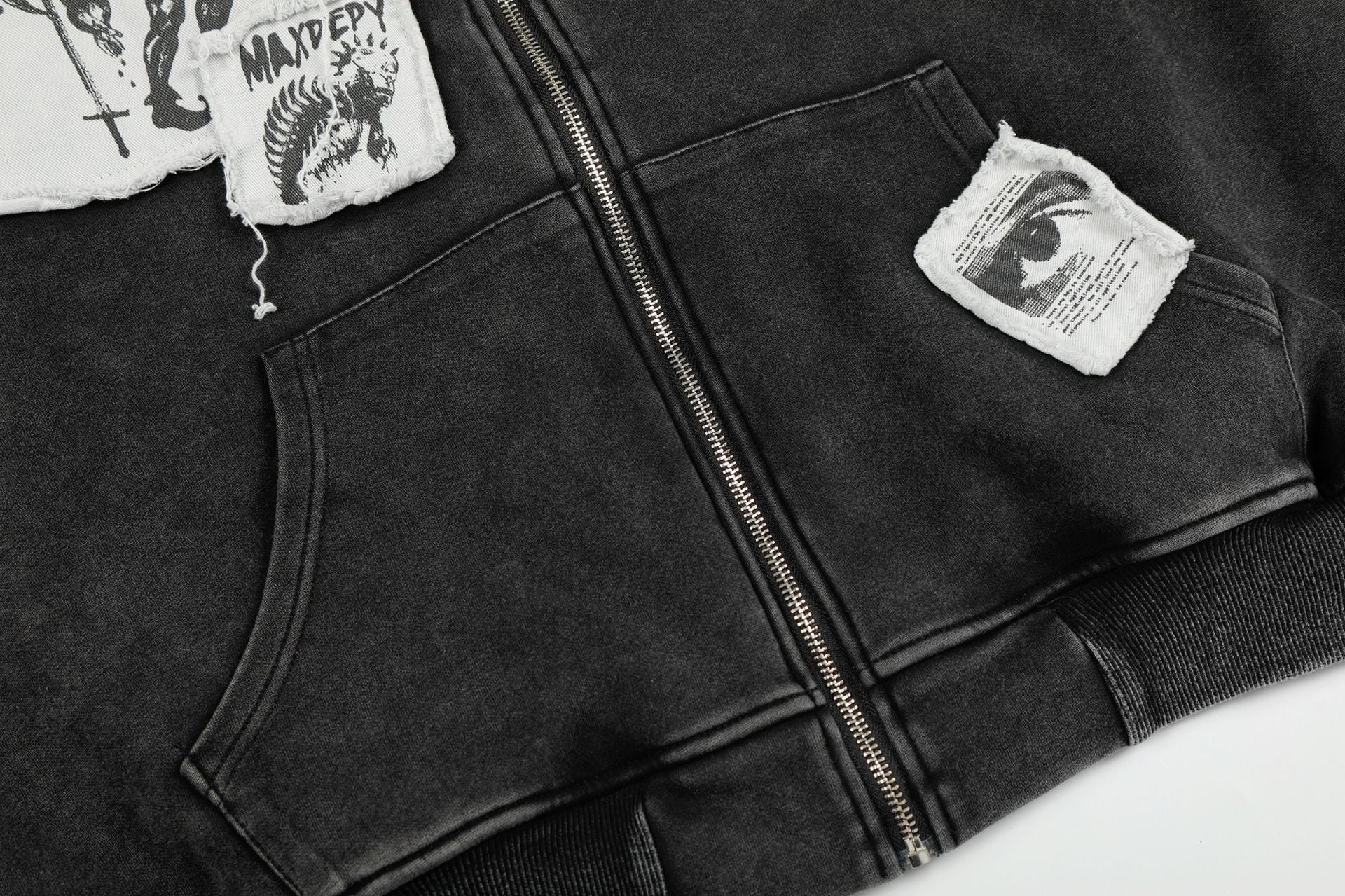 Washed Patch Logo Print Zipper Hoodie