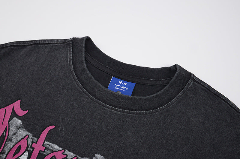 Washed Portrait Letter Print Short Sleeve T-Shirt